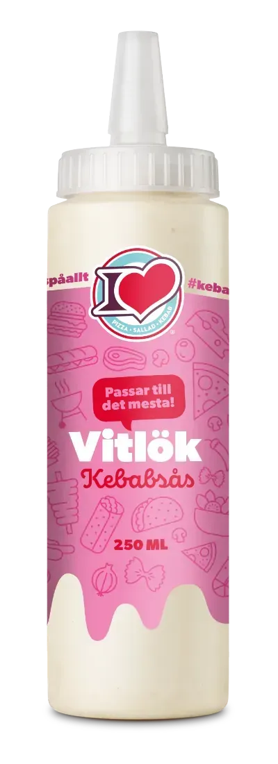 Vit plastflaska med vitlock och rosa etikett för vitlök kebabsås, märkt 250 ml och med texten "Passar till det mesta!".