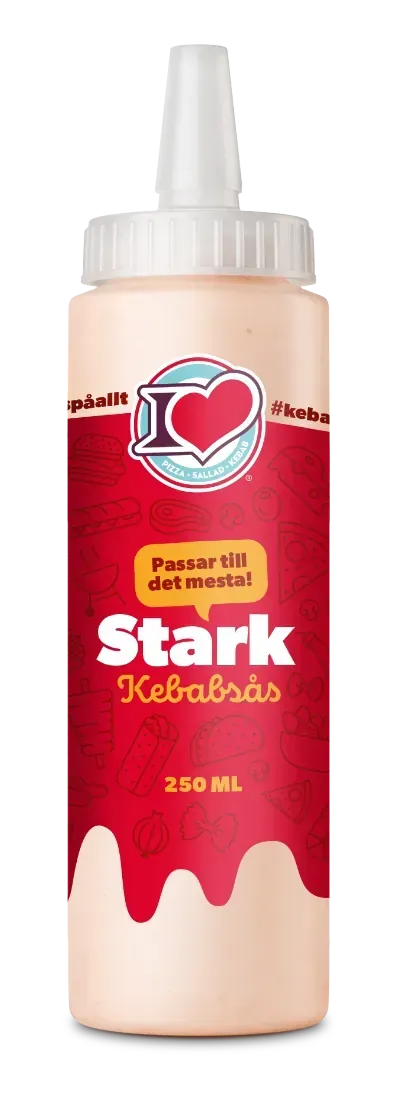 Flaska med I Love kebabsås i stark variant, 250 ml, med vit kork och röd etikett mot vit bakgrund.