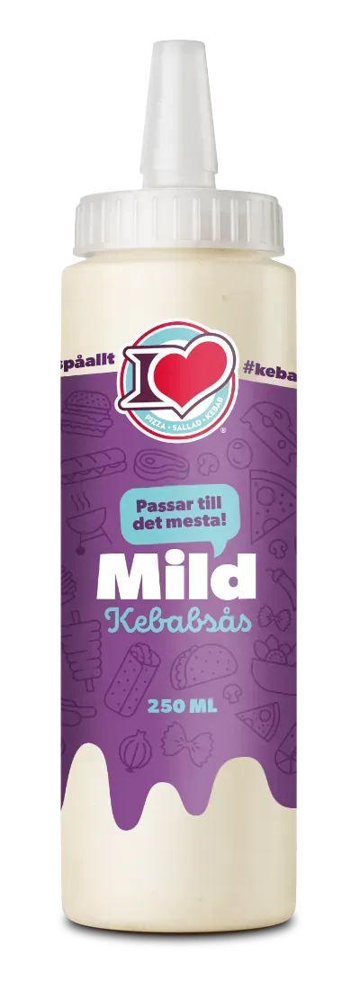 Flaska med mild kebabsås, 250 ml, från I Love med vit kork och lila etikett med texten ”Passar till det mesta!”.